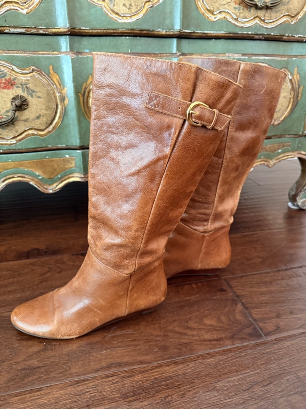 Steve Madden Chestnut Brown Leather Mid-Calf Boots with Side Buckle